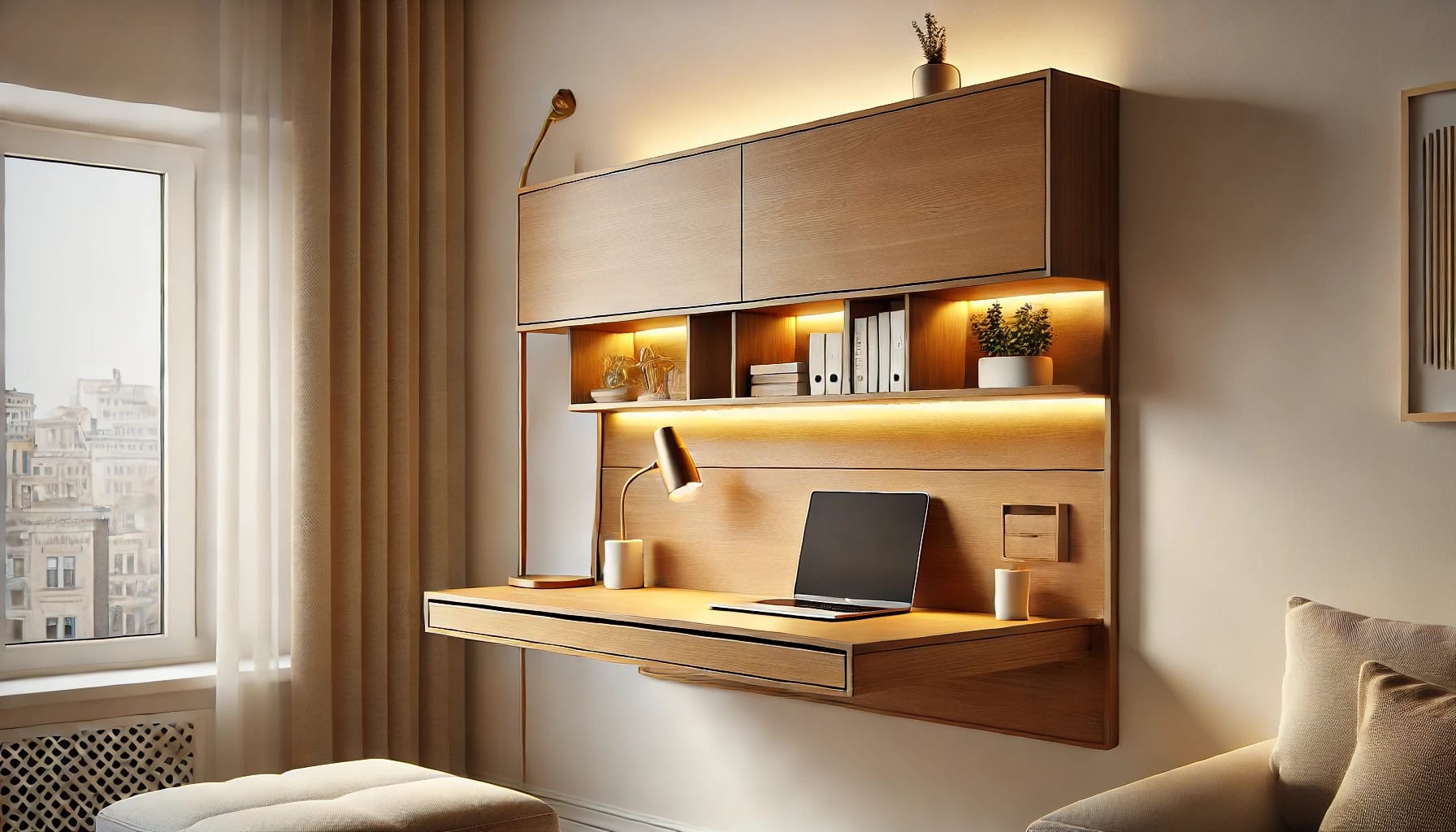 Modern wall mounted desk in a small home office with laptop and decor